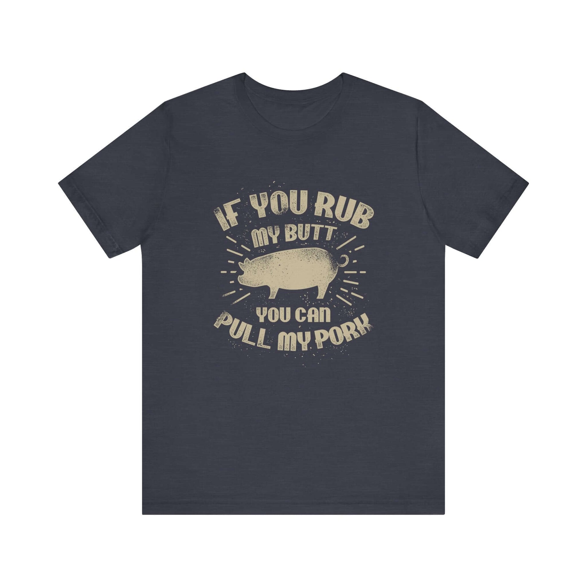 Heather midnight navy BBQ T-shirt with centered pig graphic and quote-style lettering