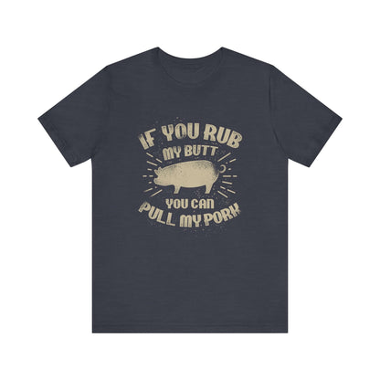 Heather midnight navy BBQ T-shirt with centered pig graphic and quote-style lettering