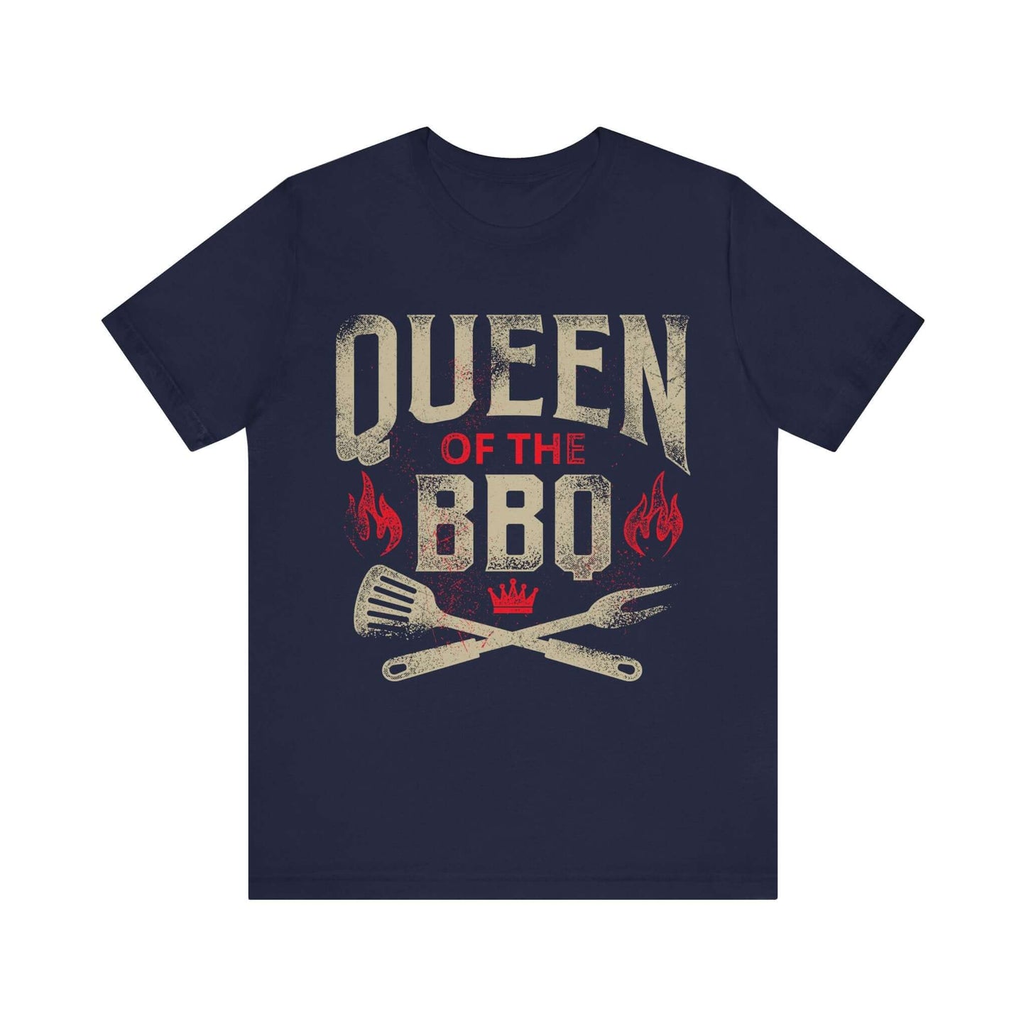 Heather navy T-shirt with "Queen of the BBQ" slogan, flames, and crossed grill tools