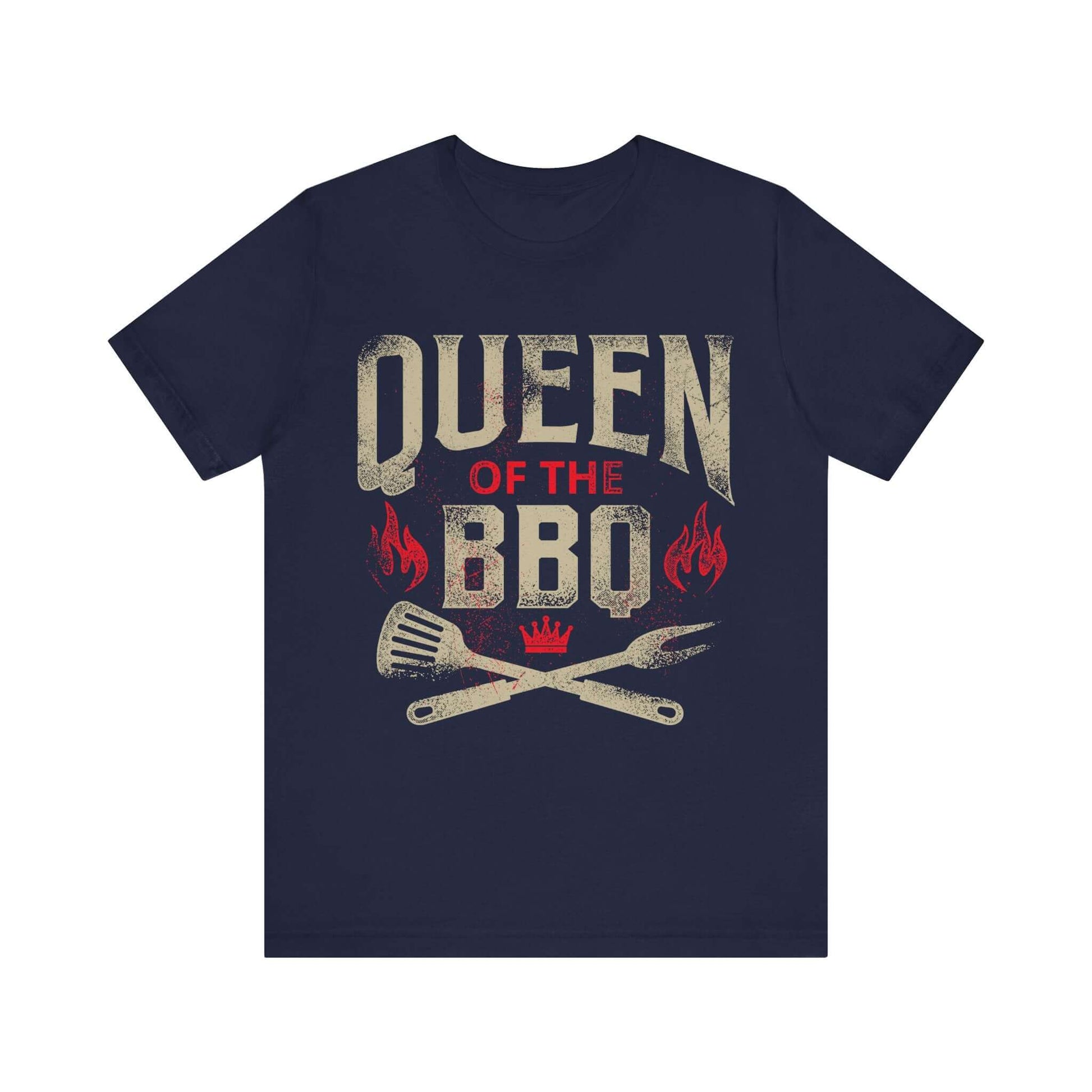 Heather navy T-shirt with "Queen of the BBQ" slogan, flames, and crossed grill tools