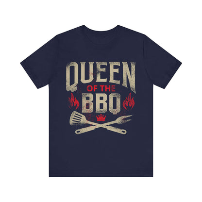 Heather navy T-shirt with "Queen of the BBQ" slogan, flames, and crossed grill tools