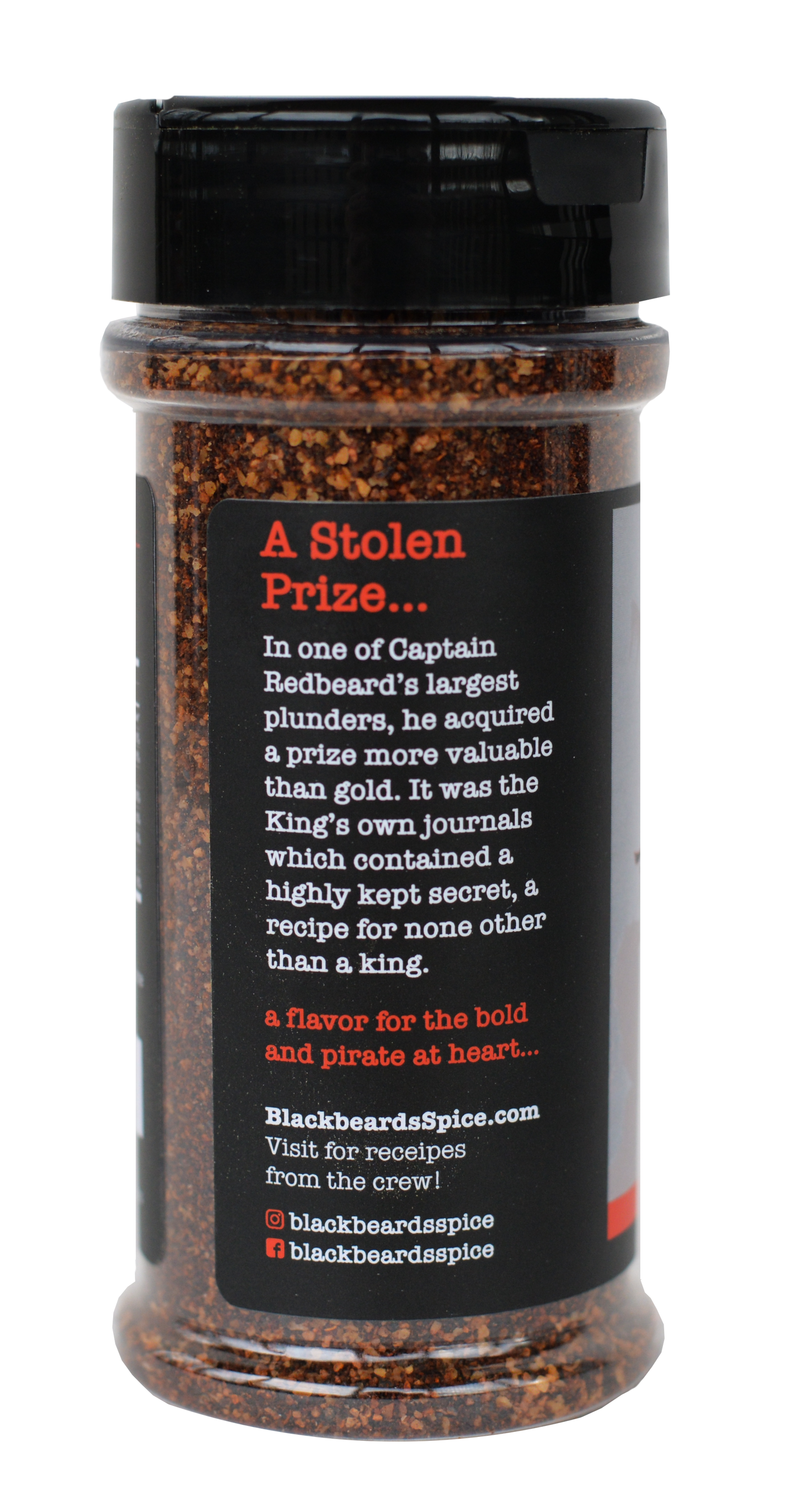 Spice rub seasoning bottle with orange pirate-style text panel