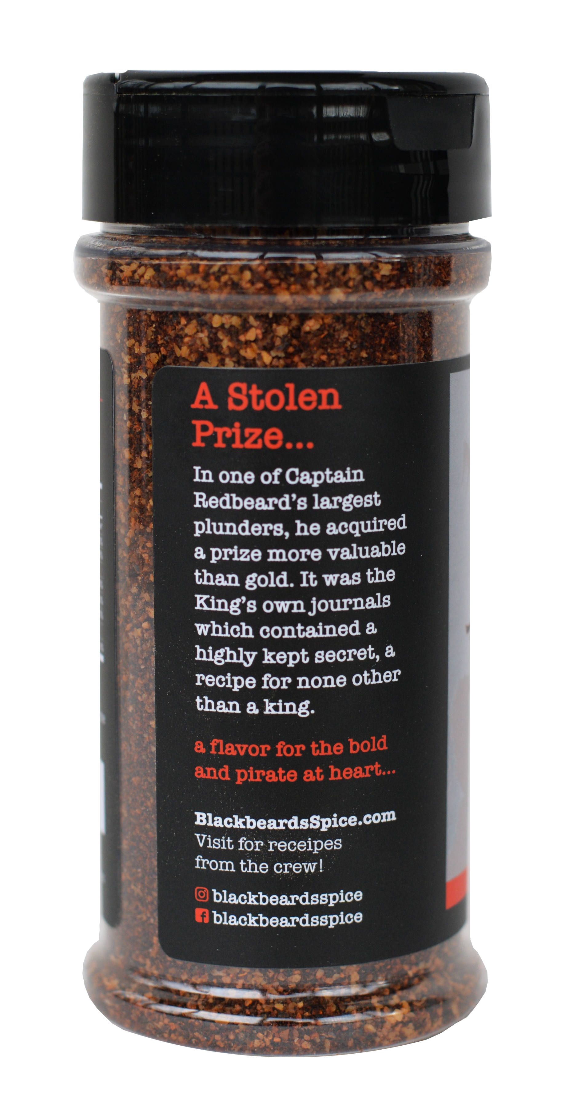 Spice rub seasoning bottle with orange pirate-style text panel