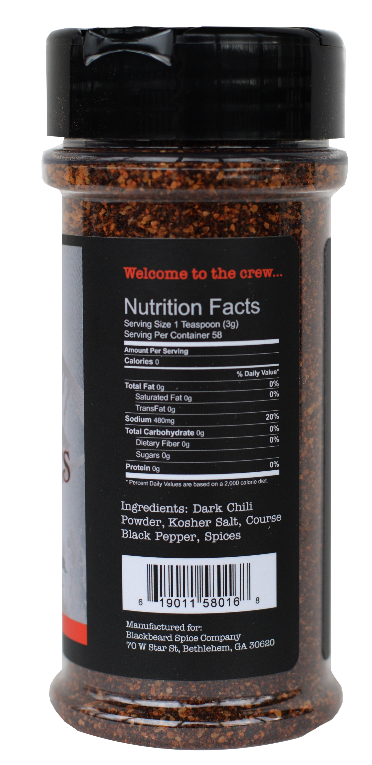 Spice rub seasoning bottle with nutrition facts panel and ingredient list