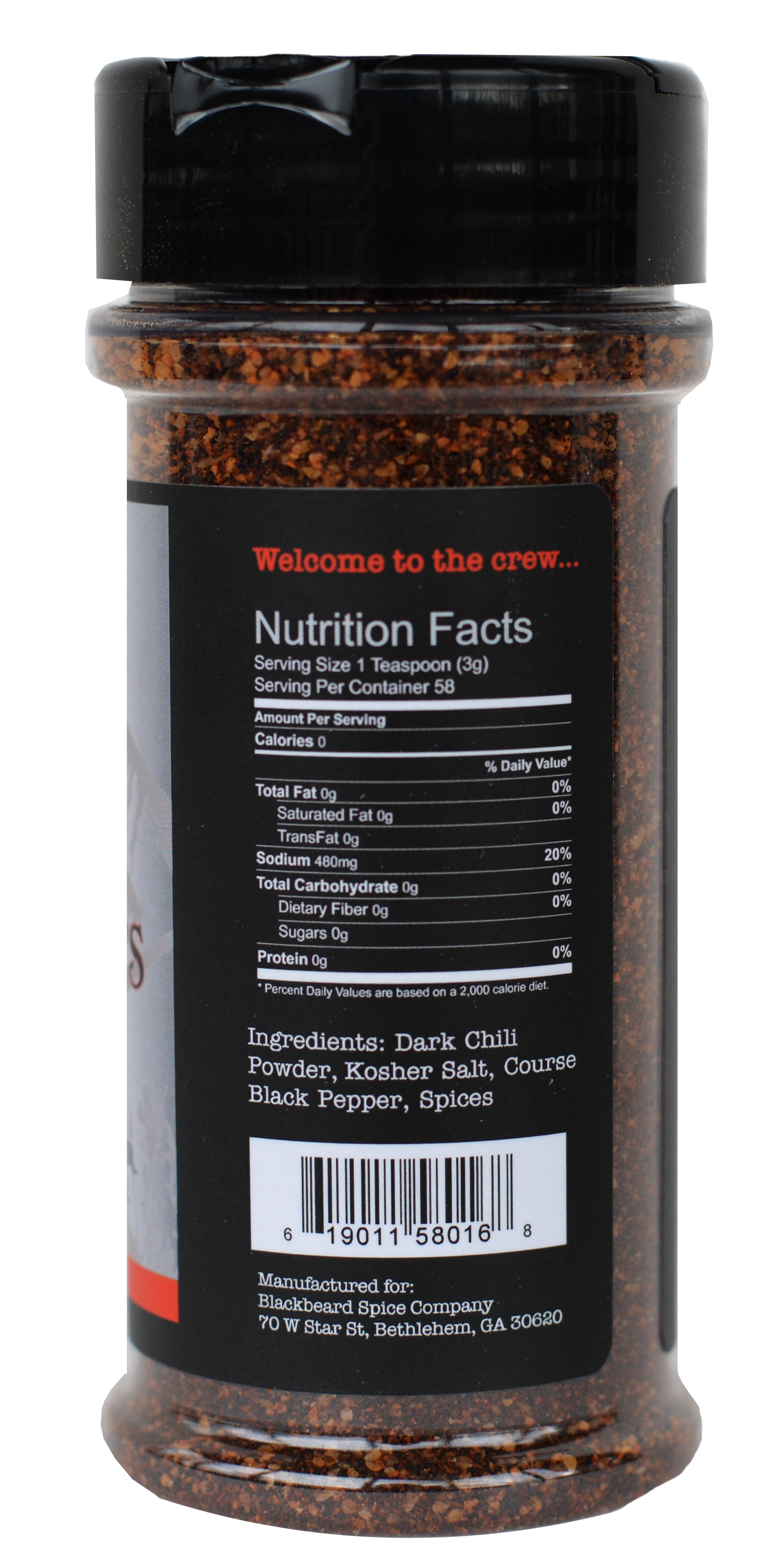 Spice rub seasoning bottle with nutrition facts panel and ingredient list