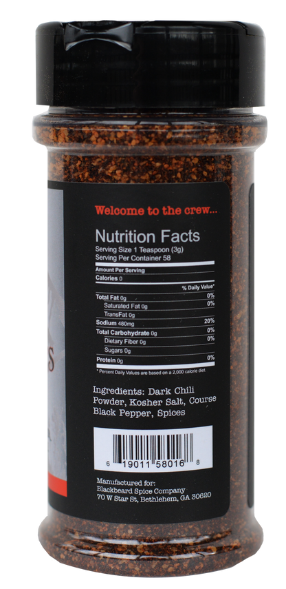 Spice rub seasoning bottle with nutrition facts panel and ingredient list