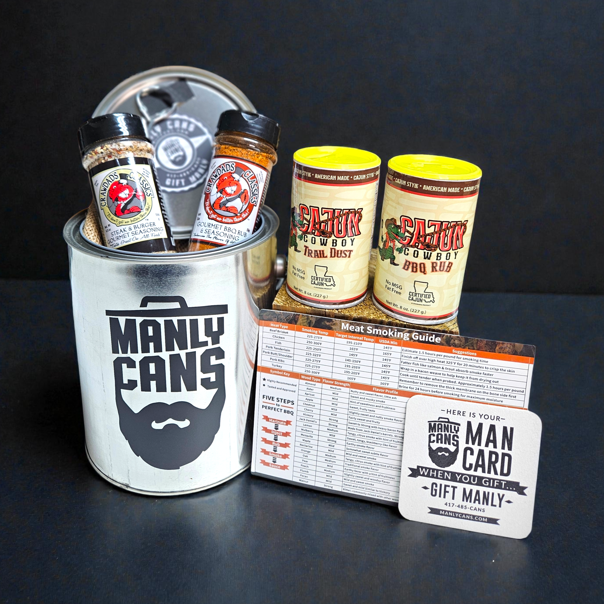 Metal bucket BBQ spice gift set with four seasoning jars, meat smoking guide, and card.
