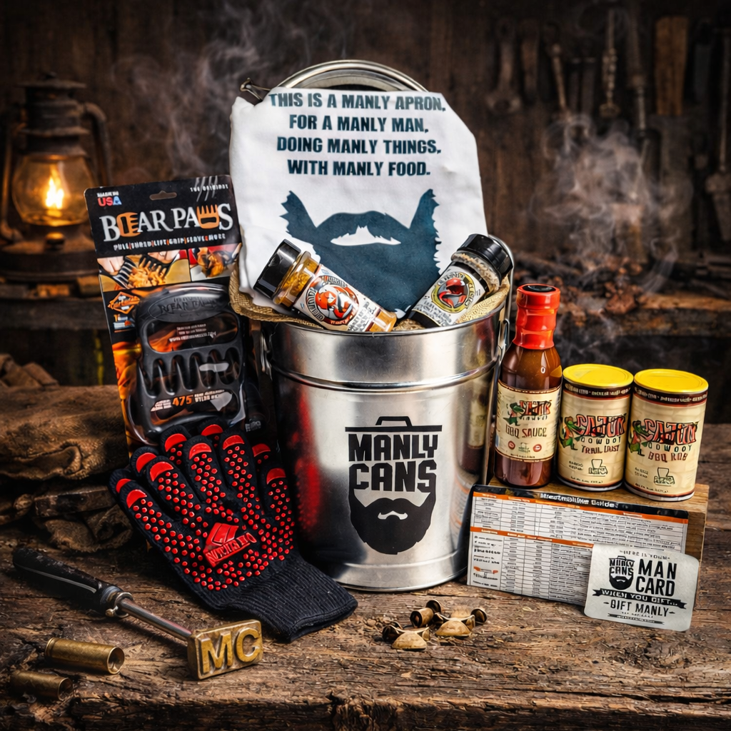 3.5-gallon BBQ gift set bucket with apron, grill gloves, rub, sauce, and accessories