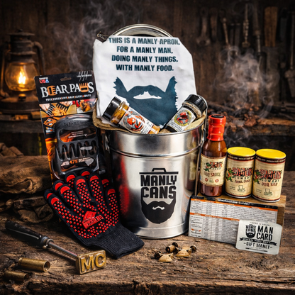 3.5-gallon BBQ gift set bucket with apron, grill gloves, rub, sauce, and accessories