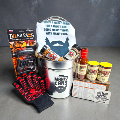 BBQ gift set bucket with apron, grill gloves, BBQ sauce bottles, and meat guide card