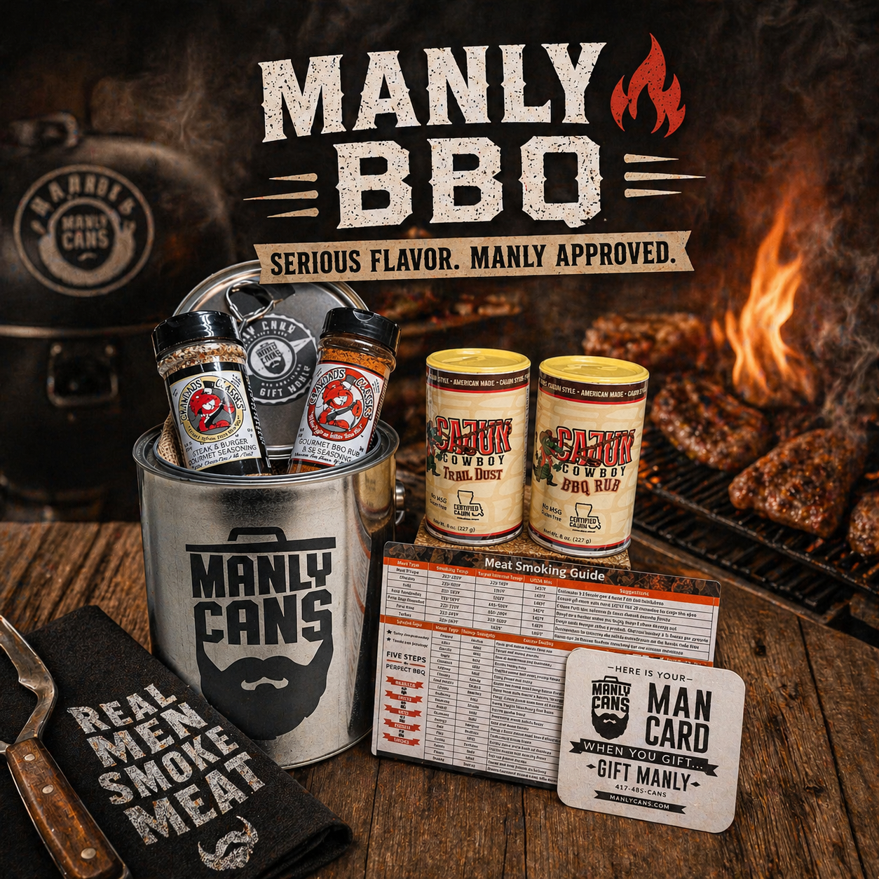 BBQ seasoning gift set bucket with assorted spice jars, meat guide, and gift card.