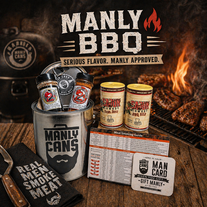 BBQ seasoning gift set bucket with assorted spice jars, meat guide, and gift card.
