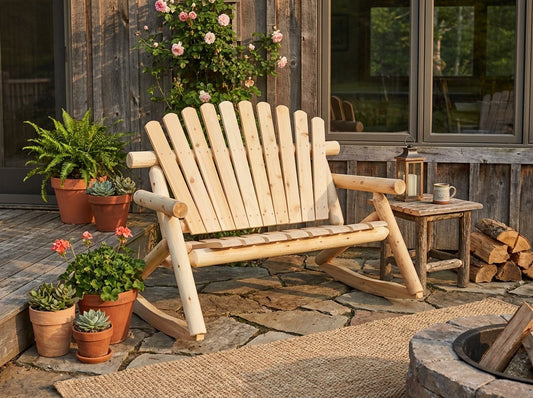 Outdoor wooden bench with slatted backrest and seat, light natural wood finish