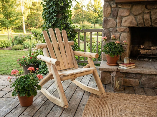 Wooden rocking chair with slatted back and seat, natural finish