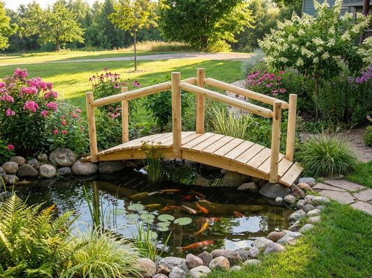 Rustic wooden garden bridge with curved railings and slatted deck over pond