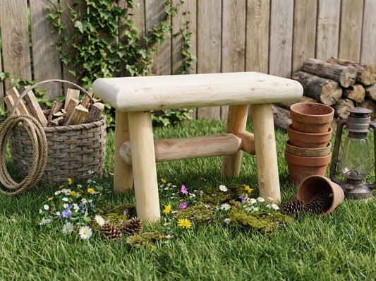 Light wood garden bench with flat slatted seat and lower crossbar