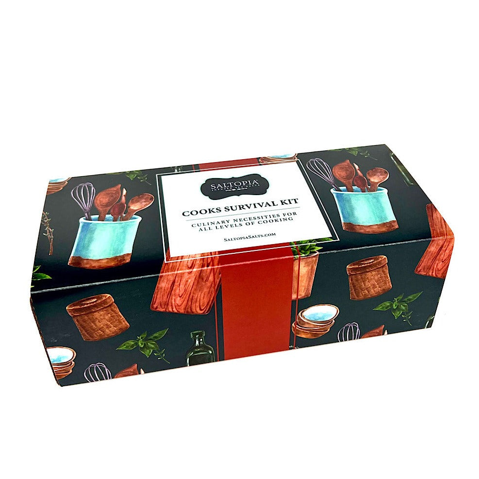 Cooks Survival Kit seasoning gift box with SALTOPIA branding and recipe text