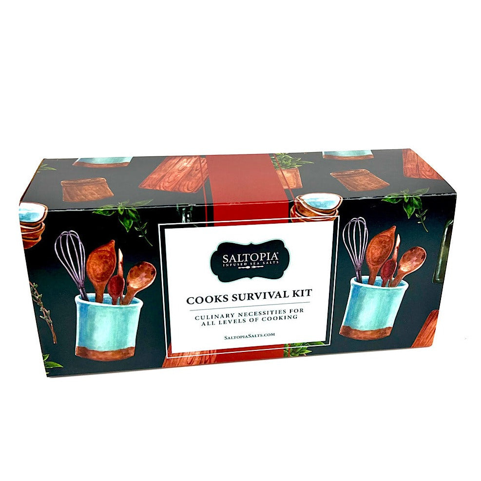 SALTOPIA Cooks Survival Kit gift box packaging with utensil and food pattern