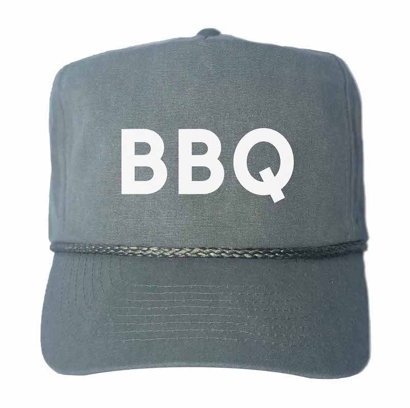 Stone-washed grey canvas trucker hat with white “BBQ” logo on front