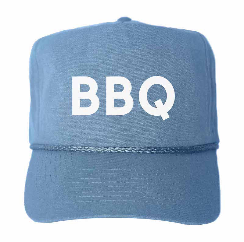 Stone-washed bay blue canvas trucker hat with white “BBQ” logo on front