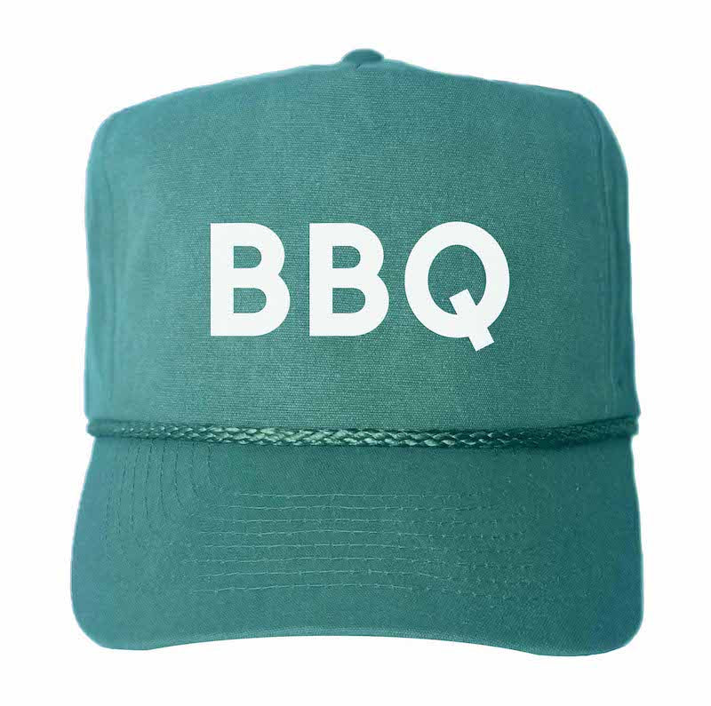 Stone-washed green canvas trucker hat with white “BBQ” logo on front