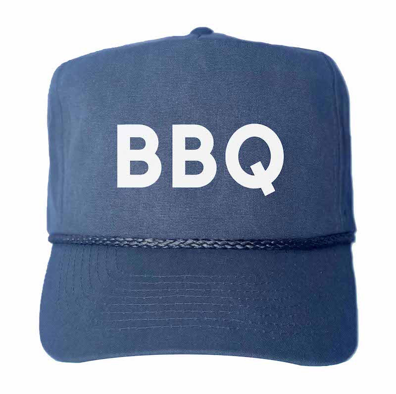 Stone-washed navy canvas trucker hat with white “BBQ” lettering on front