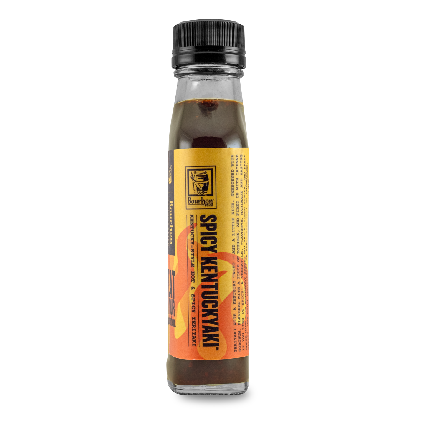 Hot & spicy Kentuckyaki sauce bottle, side label view, black cap, amber-brown liquid