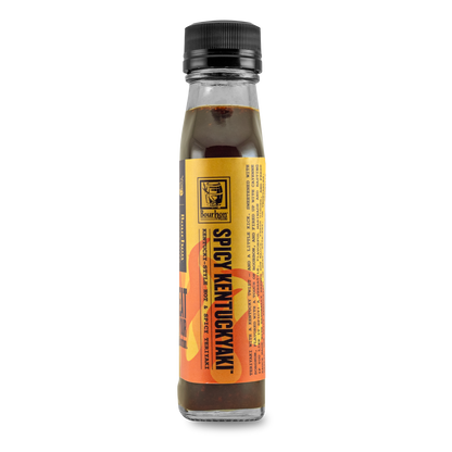 Hot & spicy Kentuckyaki sauce bottle, side label view, black cap, amber-brown liquid
