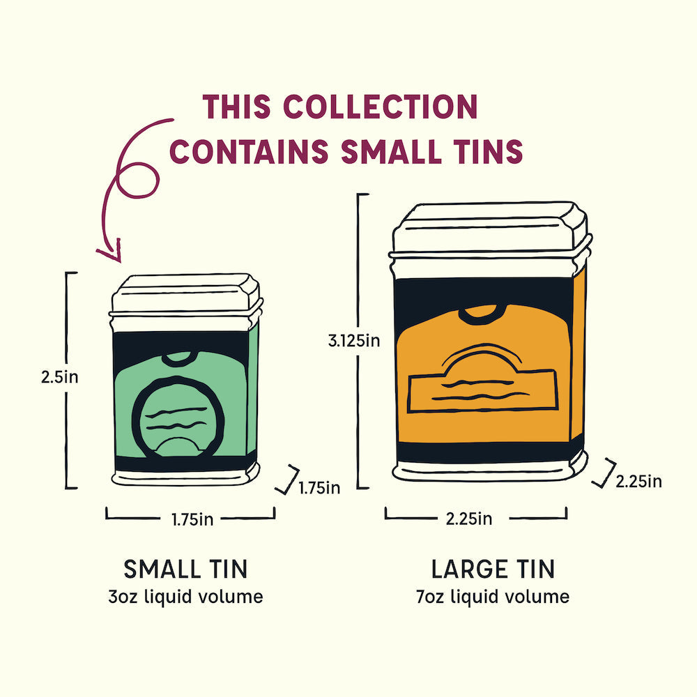 Size chart graphic: collection contains small tins and a larger tin