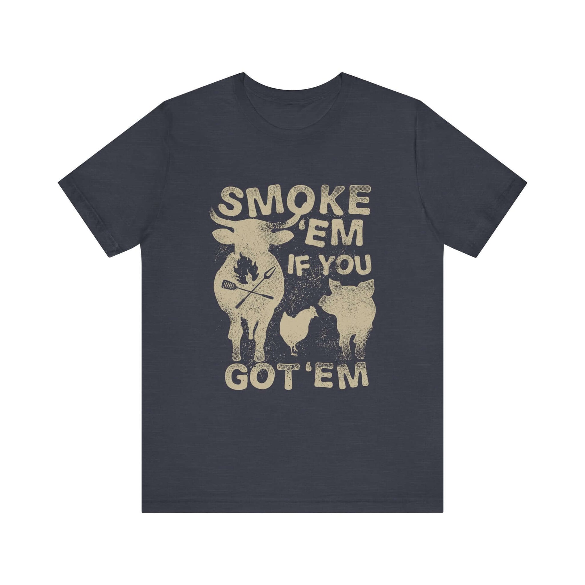 Navy crew-neck t-shirt with large distressed "SMOKE 'EM IF YOU GOT 'EM" front graphic