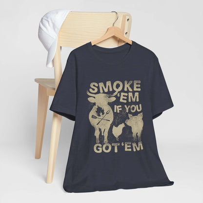 Navy t-shirt on hanger with distressed "SMOKE 'EM IF YOU GOT 'EM" front graphic