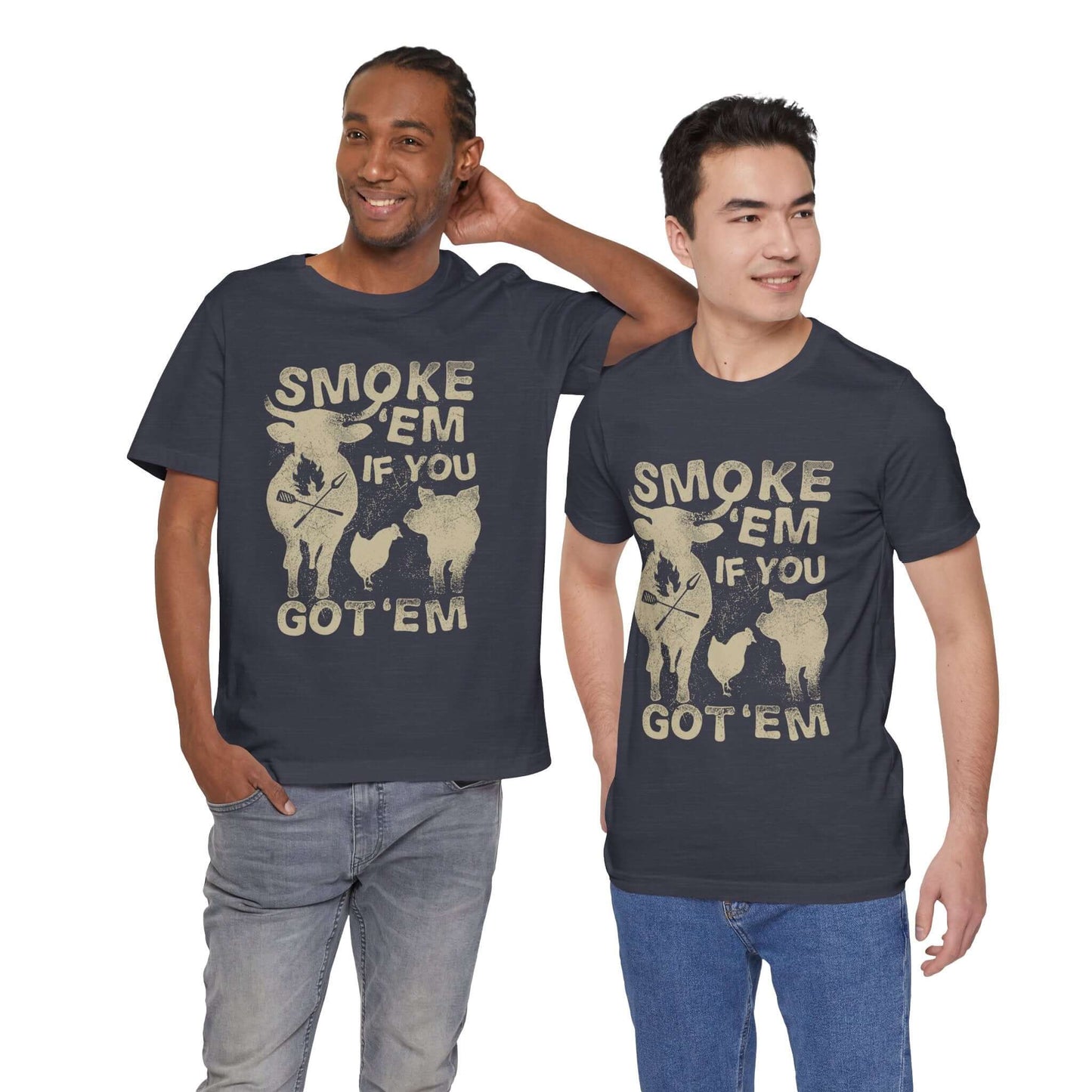 Navy t-shirt with distressed "SMOKE 'EM IF YOU GOT 'EM" front graphic, worn by two