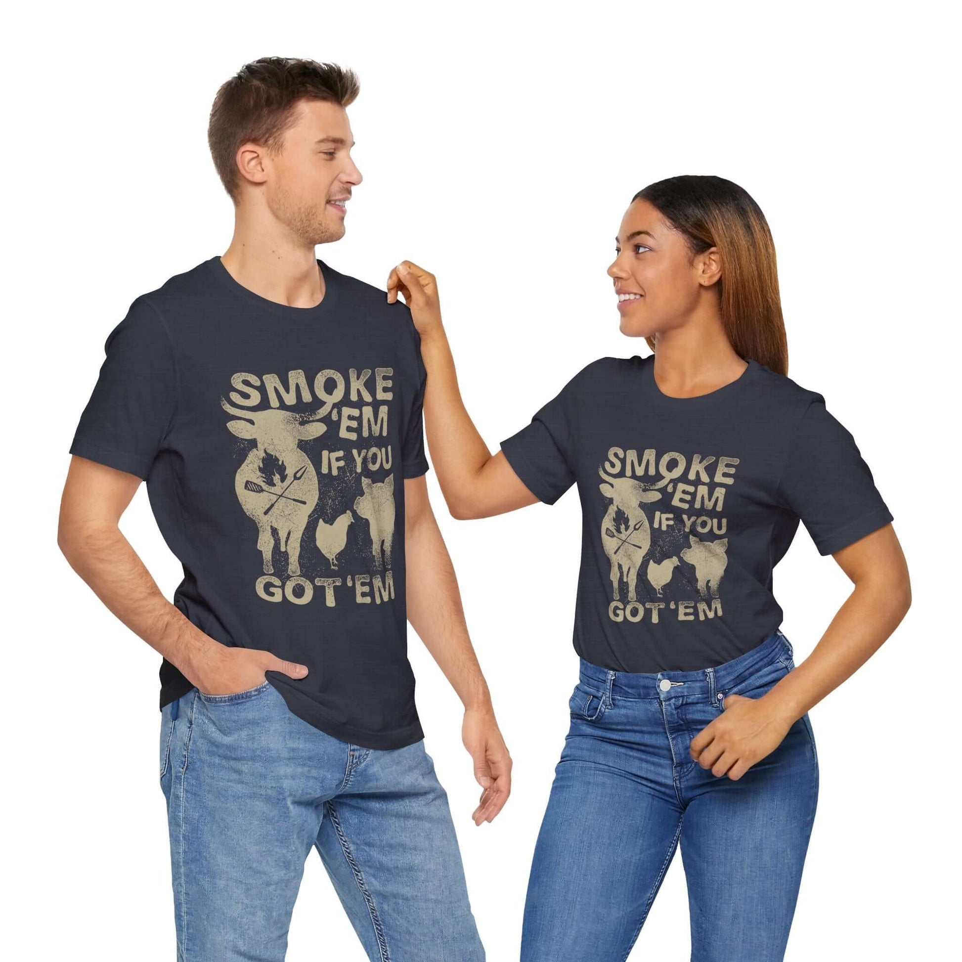 Navy t-shirts with distressed "SMOKE 'EM IF YOU GOT 'EM" front graphic, two people standing