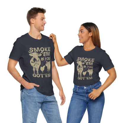 Navy t-shirts with distressed "SMOKE 'EM IF YOU GOT 'EM" front graphic, two people standing