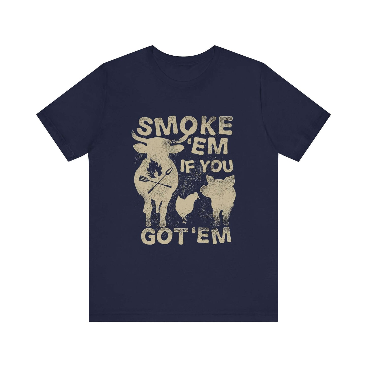 Navy crew-neck t-shirt with distressed "SMOKE 'EM IF YOU GOT 'EM" front print