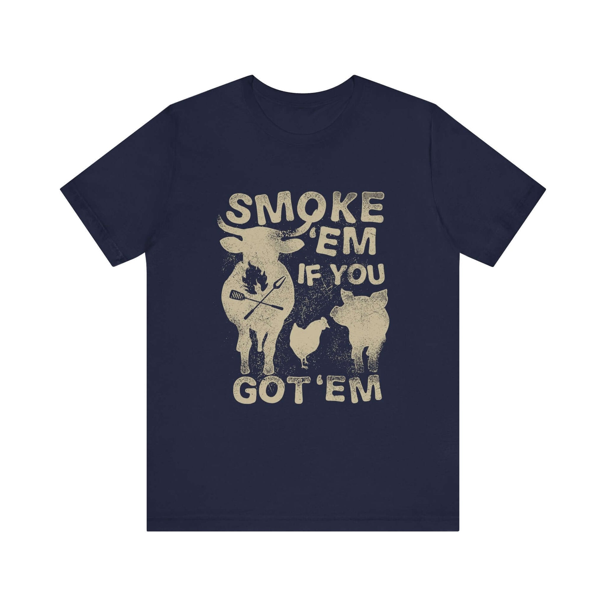 Navy crew-neck t-shirt with distressed "SMOKE 'EM IF YOU GOT 'EM" front print