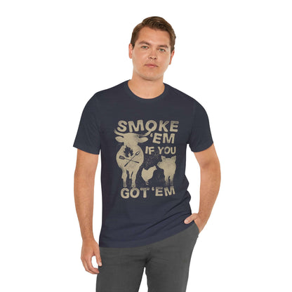 Navy BBQ t-shirt with distressed "SMOKE 'EM IF YOU GOT 'EM" front graphic