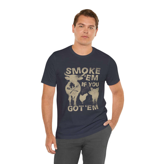 Navy BBQ t-shirt with distressed "SMOKE 'EM IF YOU GOT 'EM" front graphic