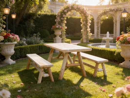 Farmhouse dining table with three benches, solid wood tabletop and legs