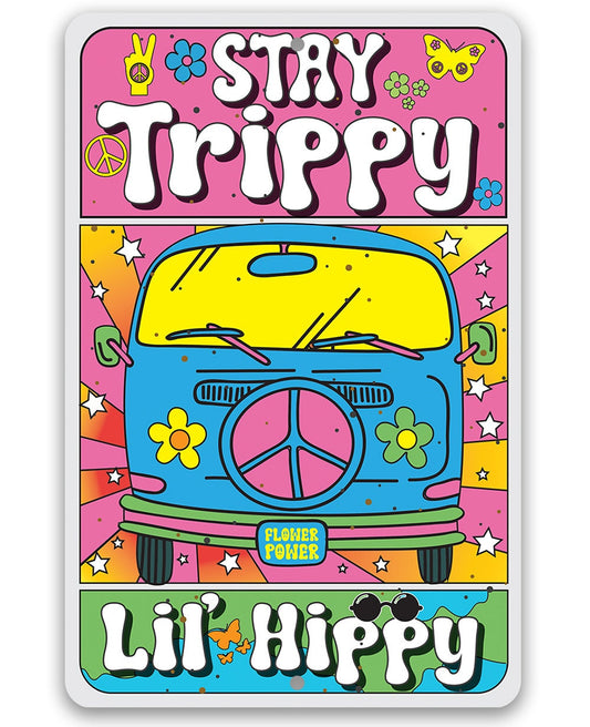 Metal sign with pink and blue psychedelic van graphic, peace sign, and 'Lil' Hippy' text.
