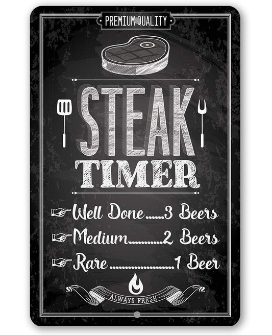 Steak Timer metal sign, black with white Steak Timer text and beer serving lines.