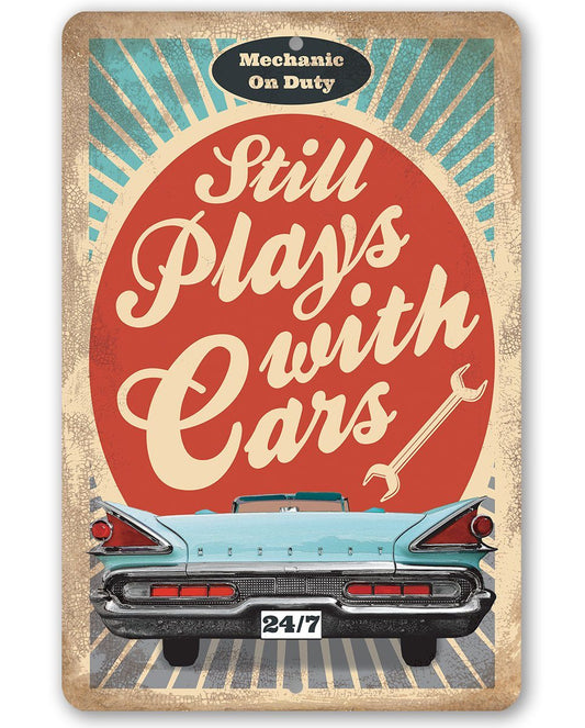 Metal wall sign with red circular Still Plays with Cars design and light-blue classic car