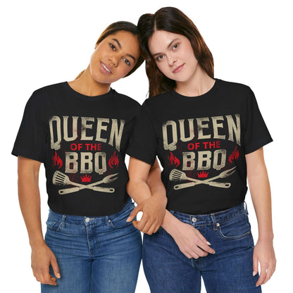 Black T-shirt with "Queen of the BBQ" graphic, flames, and crossed grill tools