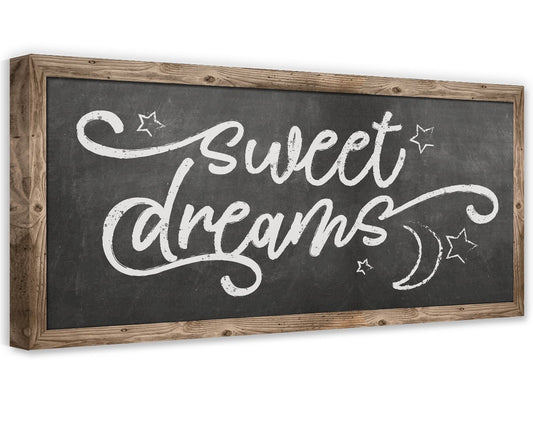 Framed canvas wall art with dark background and white “Sweet dreams” script with stars