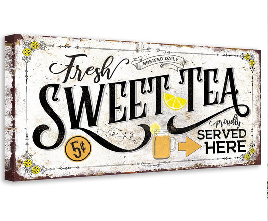 Sweet tea canvas wall art: “Fresh Sweet Tea, served here” text with lemon and mug