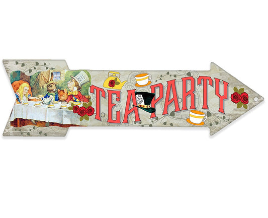 Tea Party directional arrow metal sign with colorful print and red "TEA PARTY" lettering