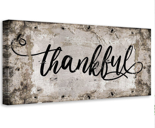 Thankful canvas wall art with distressed gray background and cursive 'thankful' text