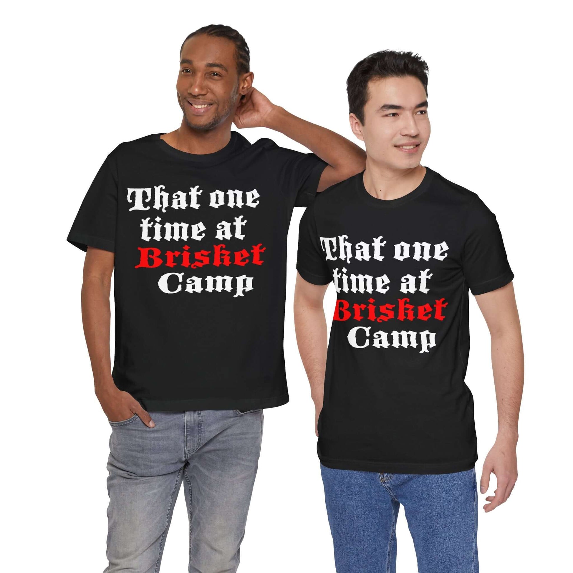 BBQ camp graphic T-shirt in black with red and white front text print.