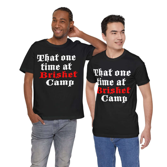 BBQ camp graphic T-shirt in black with red and white front text print.