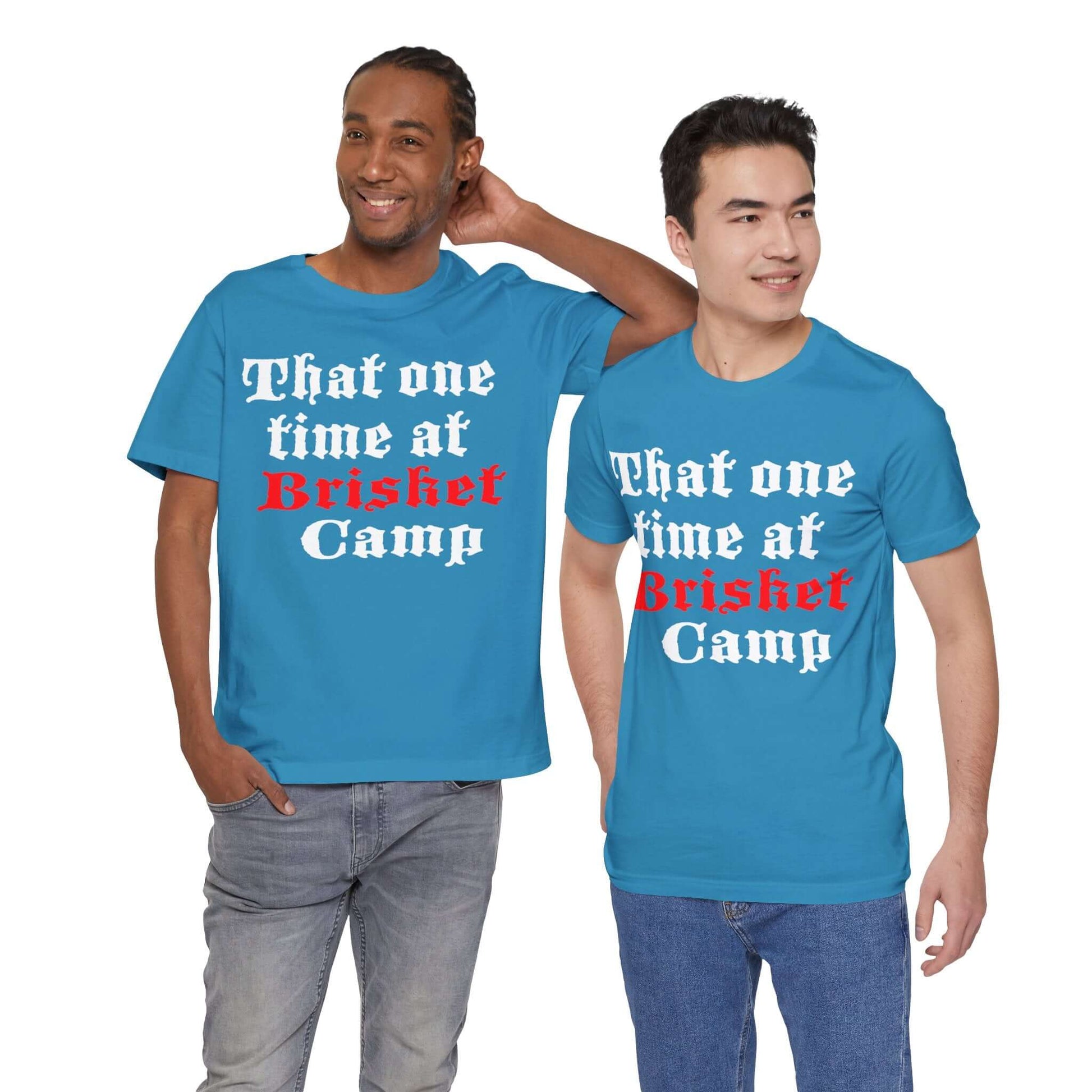 BBQ camp graphic T-shirt in aqua blue with red and white front text print.